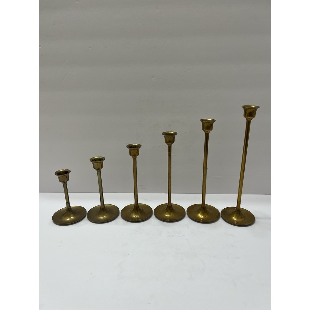Vintage MCM Graduated Brass Candleholders Set Of 6 T Round Base Tulip Shape Stem